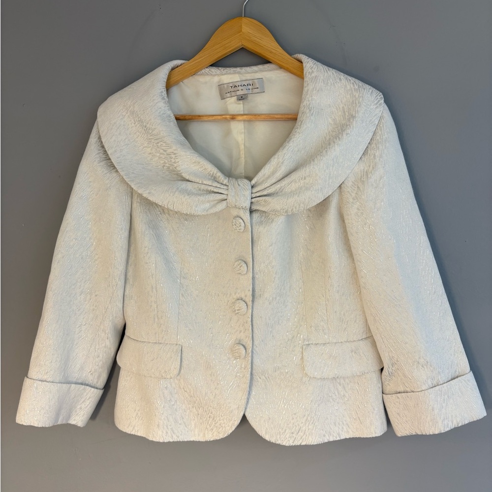 Tahari Ivory Textured Cropped Jacket with Wide Shawl Collar